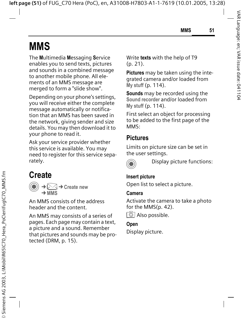 Create, Pictures | Siemens CT70 User Manual | Page 52 / 144