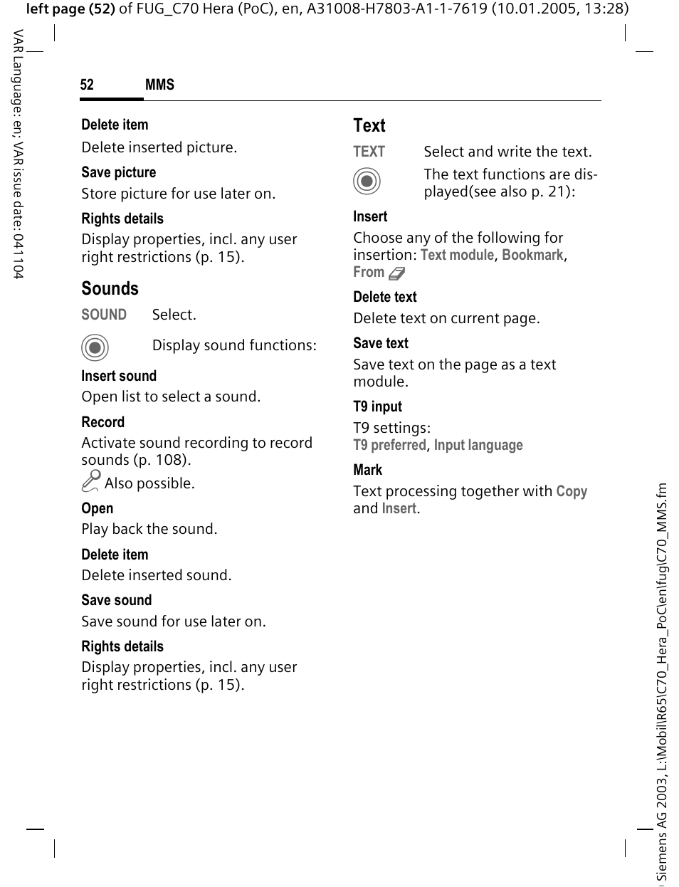 Sounds, Text | Siemens CT70 User Manual | Page 53 / 144