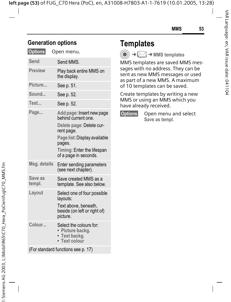 Templates, Generation options | Siemens CT70 User Manual | Page 54 / 144