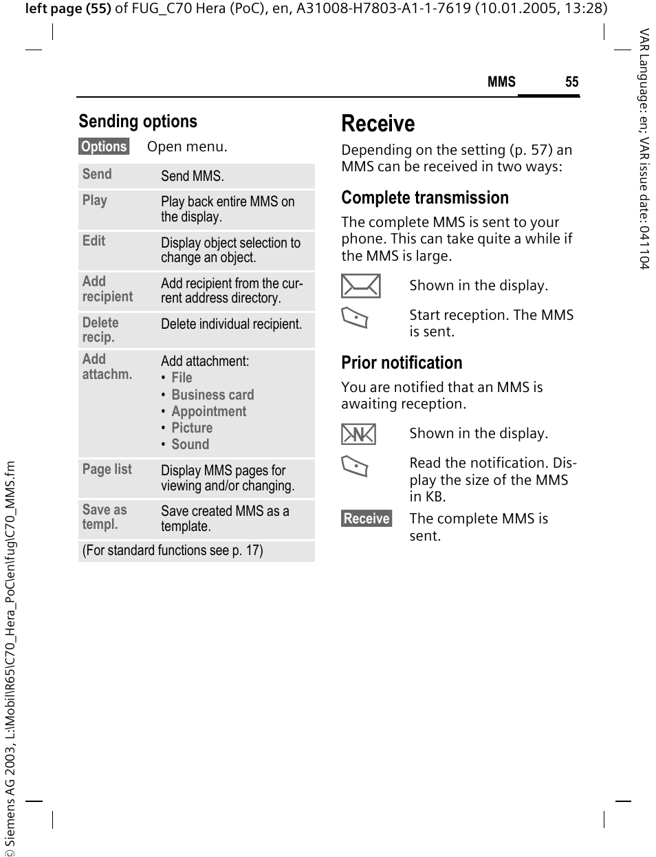 Receive, Sending options, Complete transmission | Prior notification | Siemens CT70 User Manual | Page 56 / 144