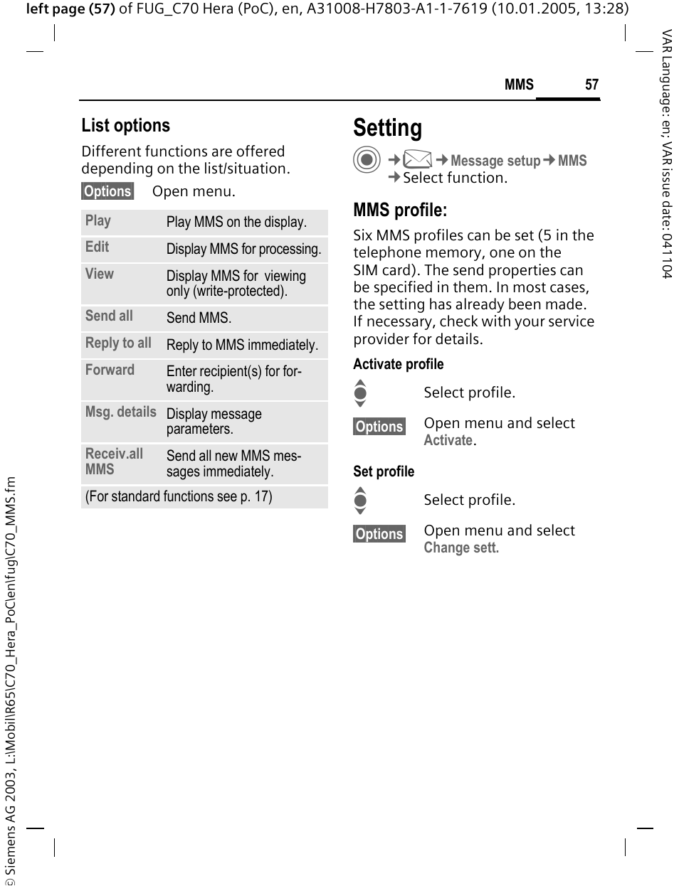 Setting, List options, Mms profile | Siemens CT70 User Manual | Page 58 / 144