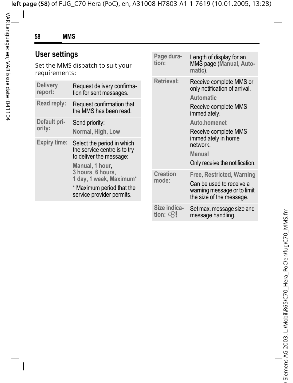 User settings | Siemens CT70 User Manual | Page 59 / 144