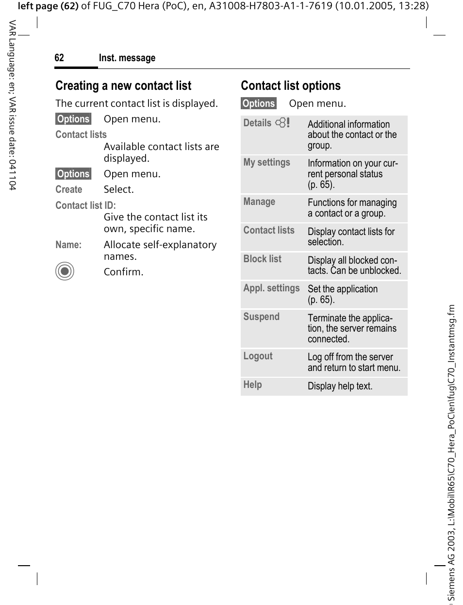 Creating a new contact list, Contact list options | Siemens CT70 User Manual | Page 63 / 144