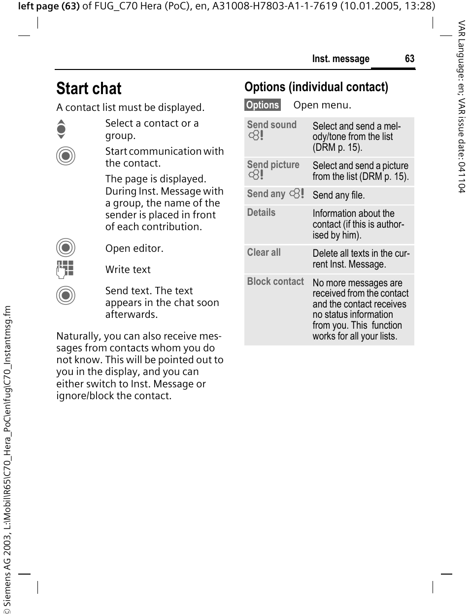 Start chat, P. 63), Options (individual contact) | Siemens CT70 User Manual | Page 64 / 144