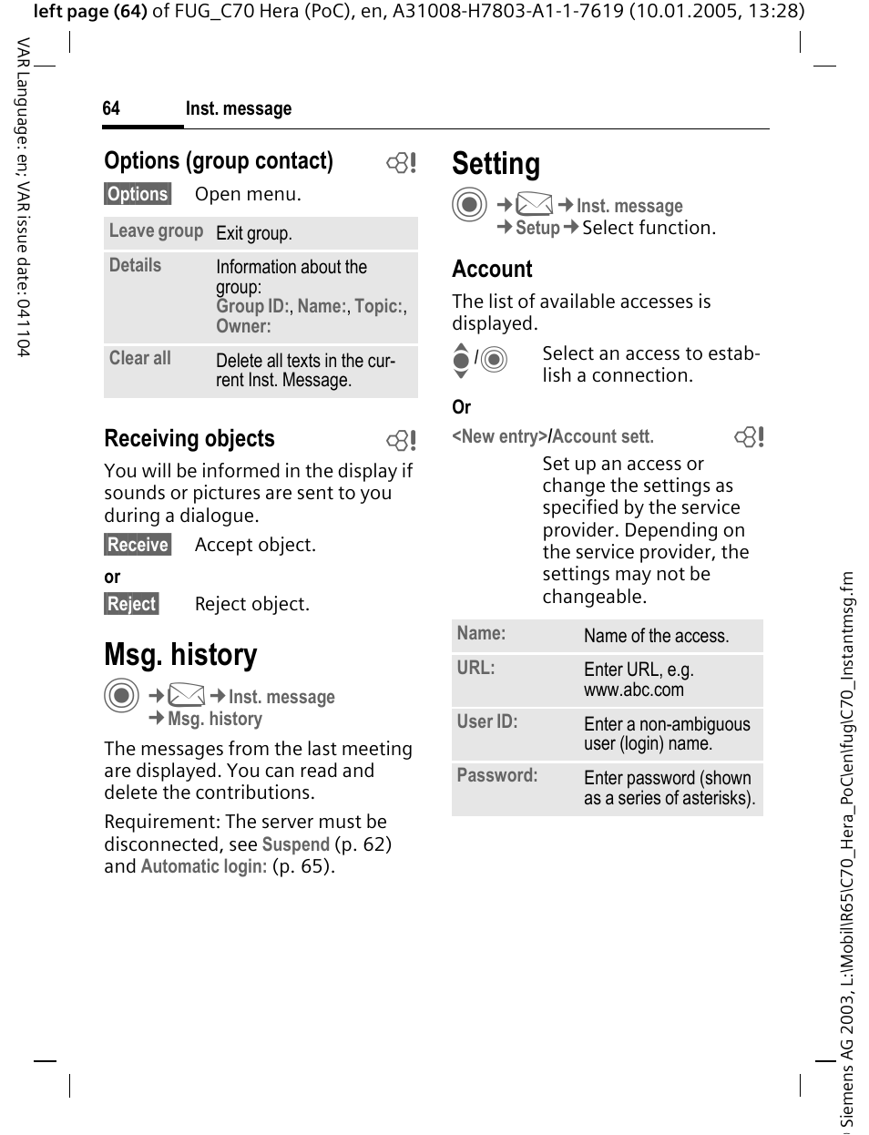 Msg. history, Setting, P. 64) | Select the access (p. 64), First, p. 64), Options (group contact) b, Receiving objects b, Account | Siemens CT70 User Manual | Page 65 / 144