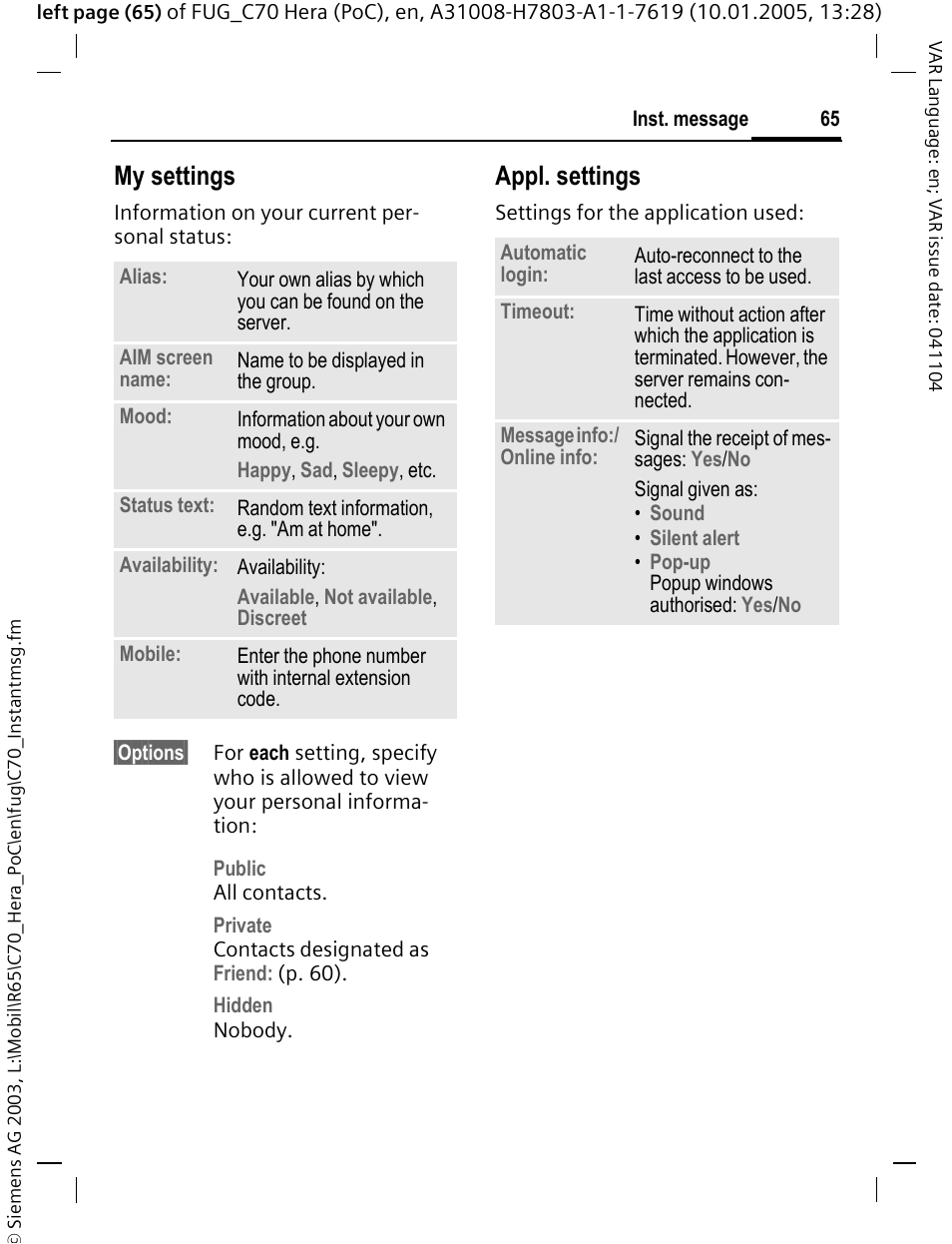 Specify your own status (p. 65), My settings, Appl. settings | Siemens CT70 User Manual | Page 66 / 144