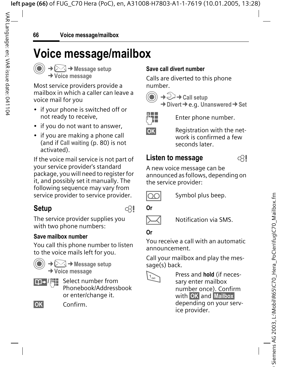 Voice message/mailbox, Voice message/mailbox c | Siemens CT70 User Manual | Page 67 / 144