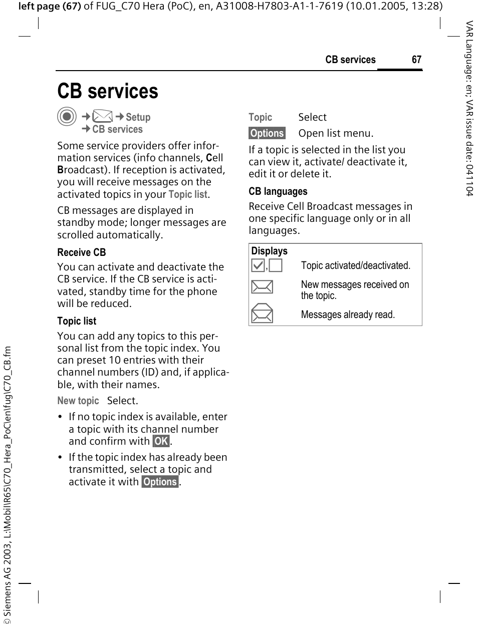 Cb services, Cb services c | Siemens CT70 User Manual | Page 68 / 144