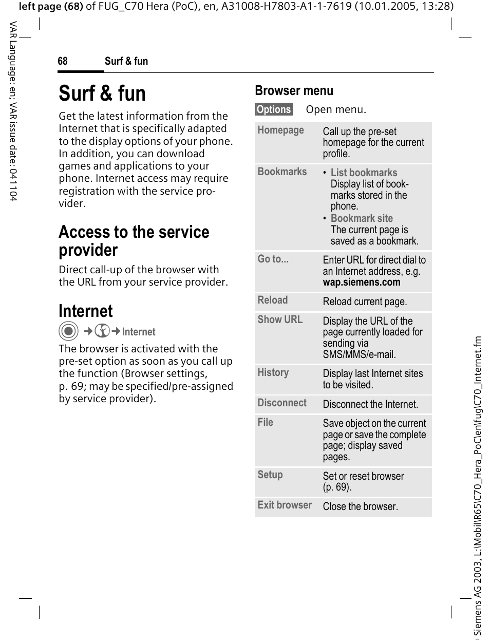 Surf & fun, Internet, Access to the service provider | Browser menu | Siemens CT70 User Manual | Page 69 / 144