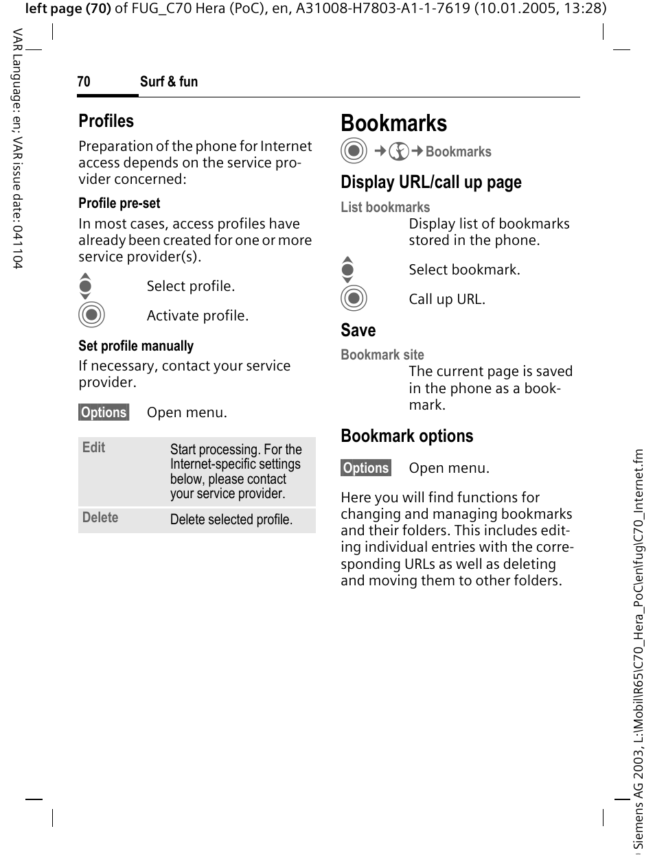 Bookmarks | Siemens CT70 User Manual | Page 71 / 144