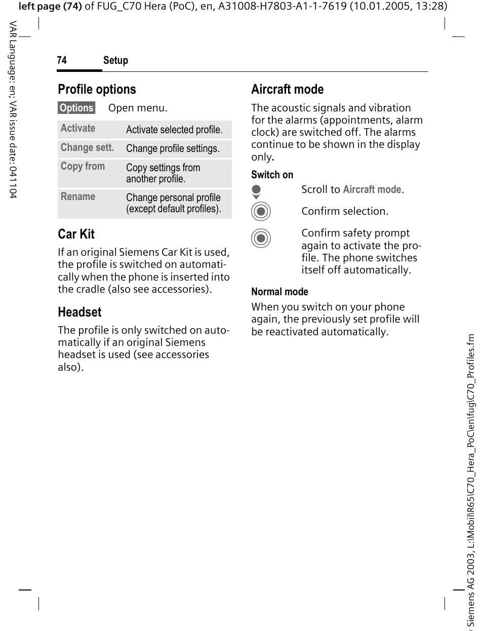 Profile options, Car kit, Headset | Aircraft mode | Siemens CT70 User Manual | Page 75 / 144