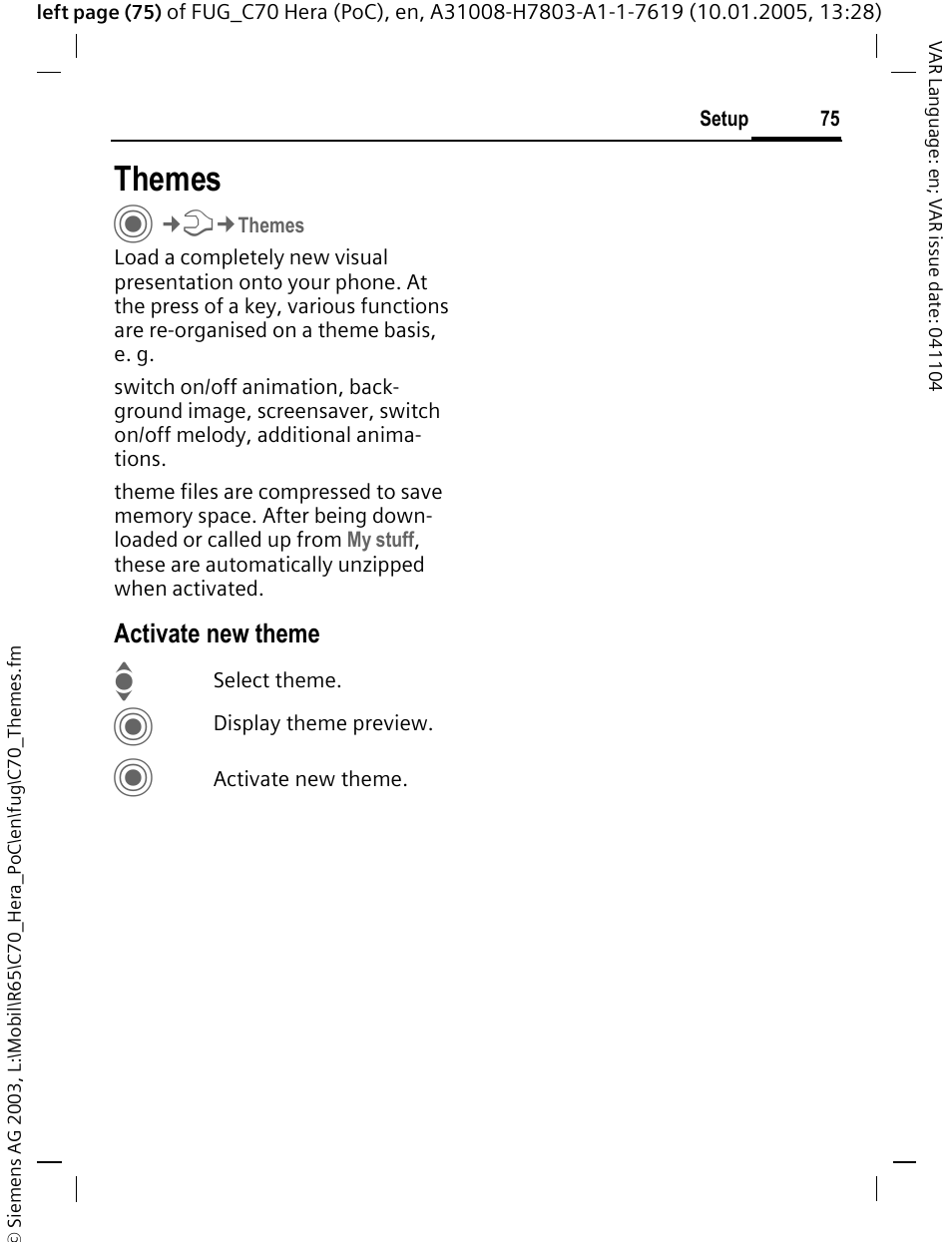 Themes, Activate new theme | Siemens CT70 User Manual | Page 76 / 144