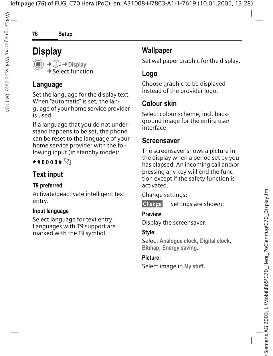 Display, Ver(p. 76), O (p. 76) | R (p. 76), Heme (p. 76), Language, Text input, Wallpaper, Logo, Colour skin | Siemens CT70 User Manual | Page 77 / 144
