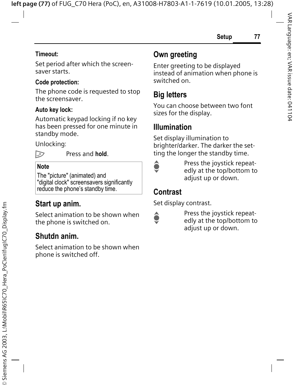 P. 77), Start up anim, Shutdn anim | Own greeting, Big letters, Illumination, Contrast | Siemens CT70 User Manual | Page 78 / 144