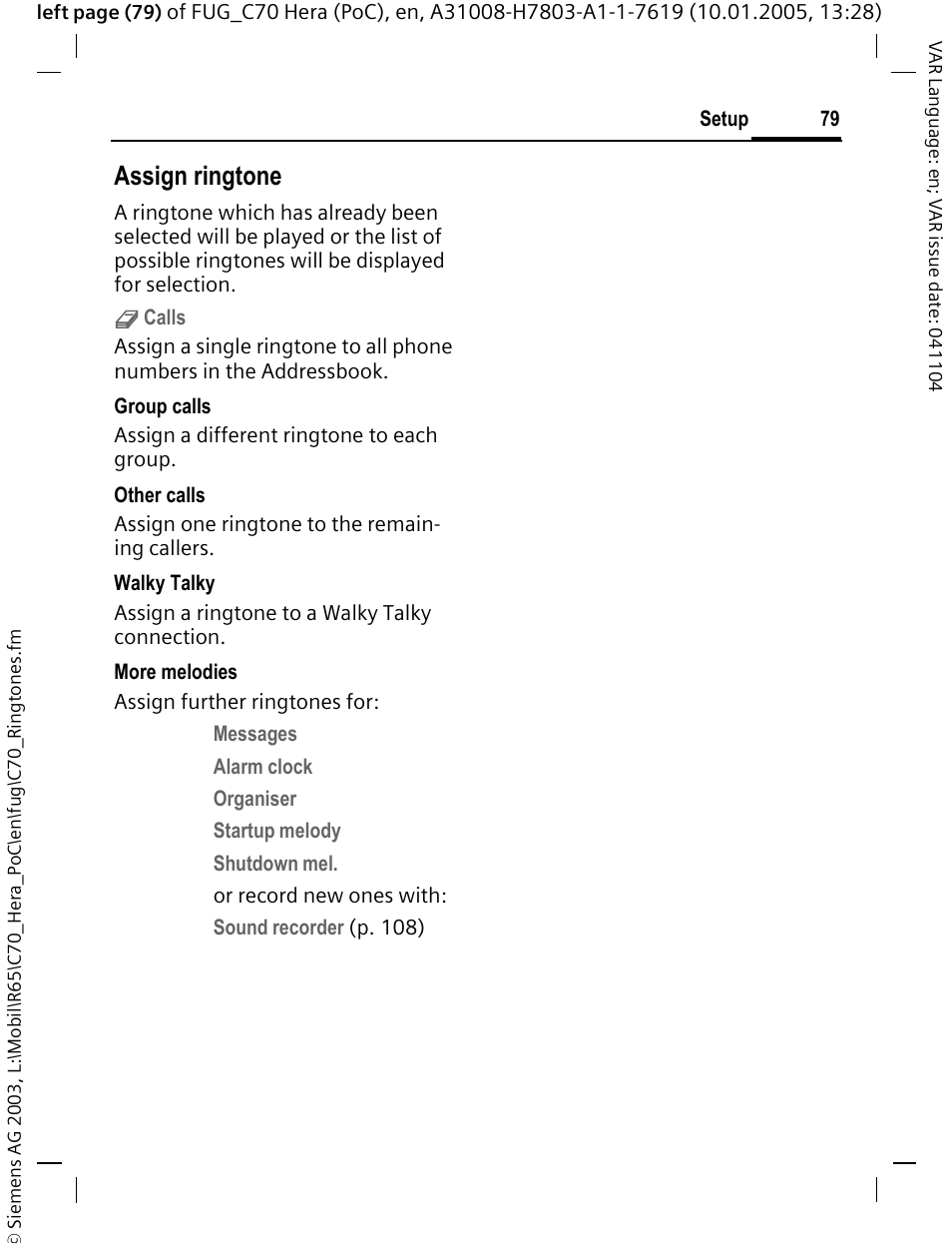 Assign ringtone | Siemens CT70 User Manual | Page 80 / 144