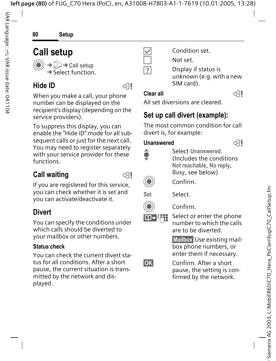Call setup, Hide id b, Call waiting b | Divert, Set up call divert (example) | Siemens CT70 User Manual | Page 81 / 144