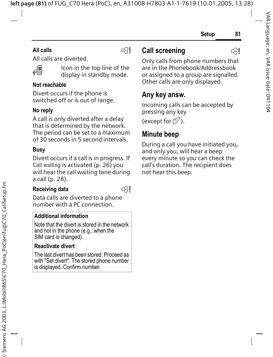 Call screening b, Any key answ, Minute beep | Siemens CT70 User Manual | Page 82 / 144