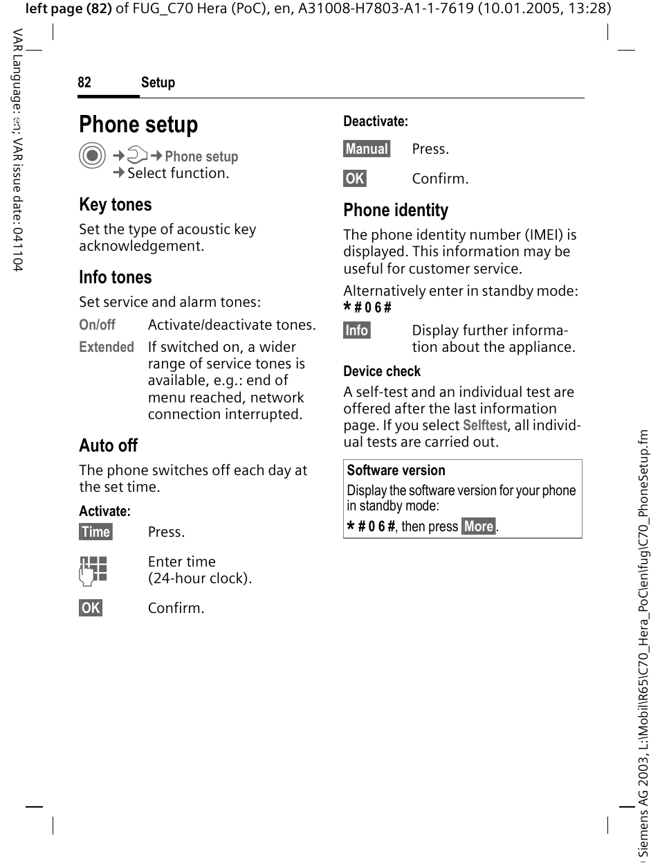 Phone setup, P. 82), Key tones | Info tones, Auto off, Phone identity | Siemens CT70 User Manual | Page 83 / 144