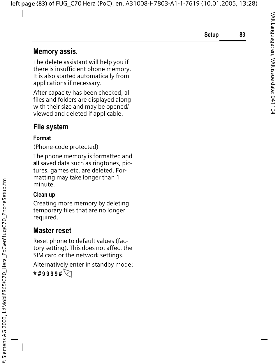File system, Master reset | Siemens CT70 User Manual | Page 84 / 144
