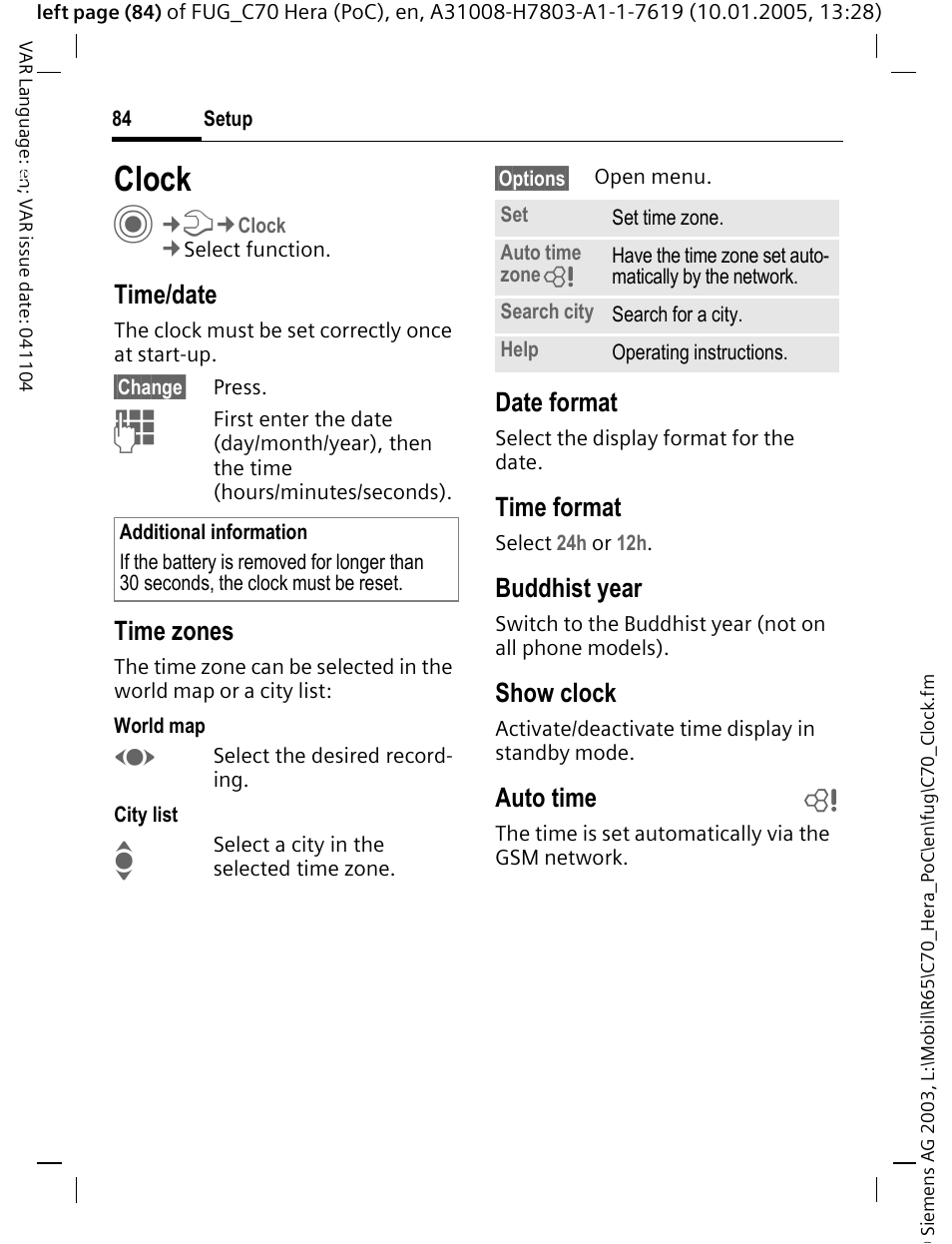 Clock, Time/date, Time zones | Date format, Time format, Buddhist year, Show clock, Auto time b | Siemens CT70 User Manual | Page 85 / 144