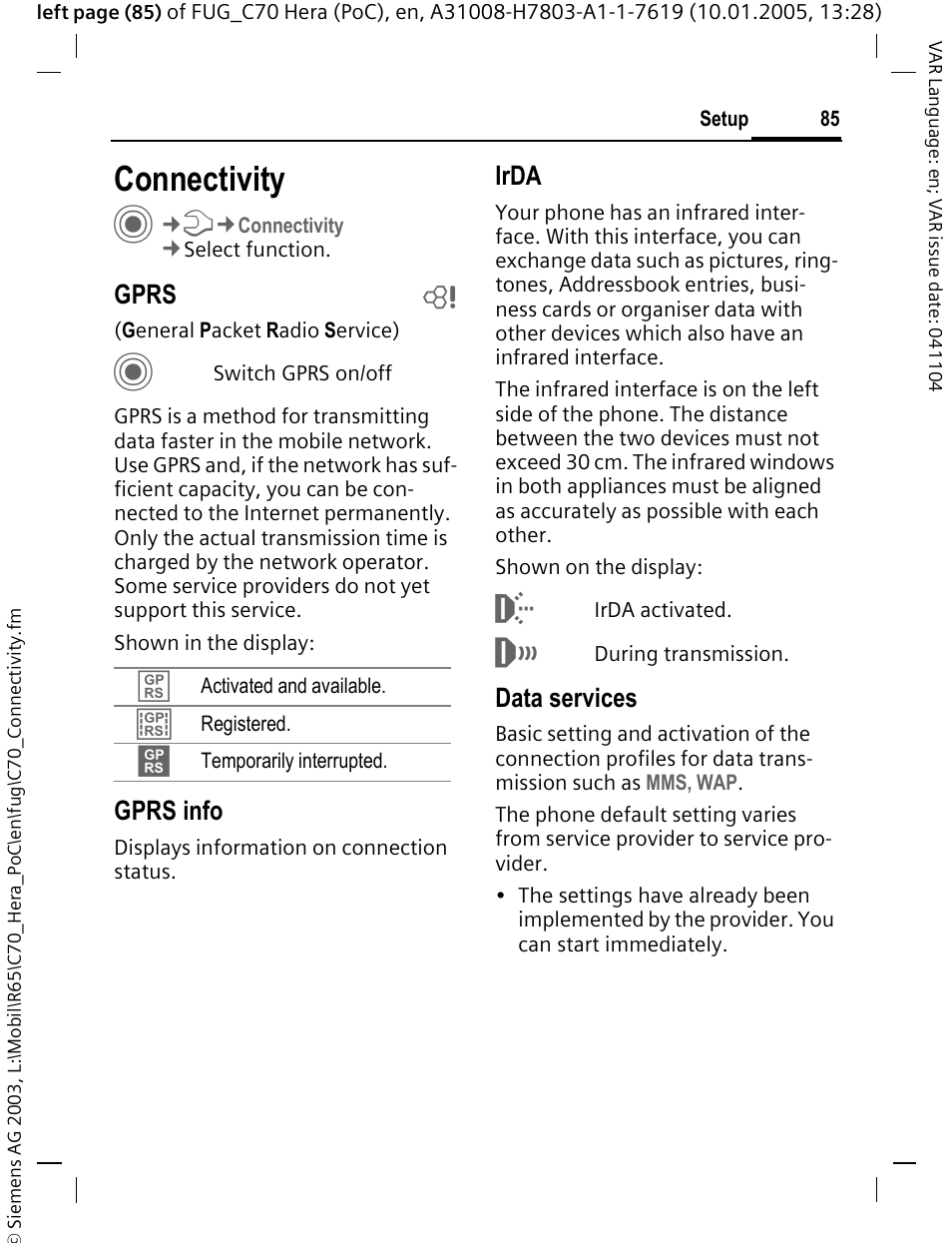 Connectivity, Gprs b, Gprs info | Irda, Data services | Siemens CT70 User Manual | Page 86 / 144