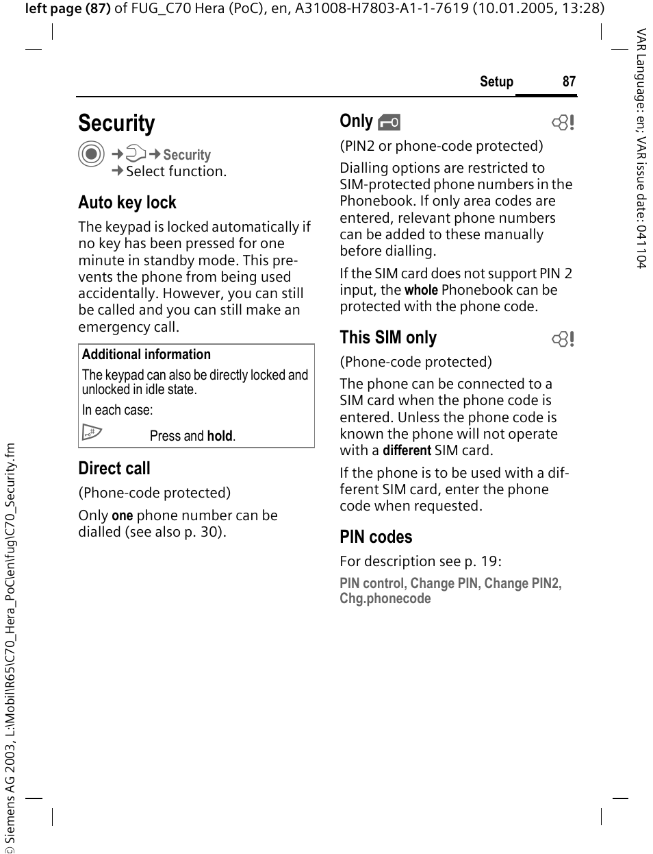 Security, Auto key lock, Direct call | Only, This sim only b, Pin codes | Siemens CT70 User Manual | Page 88 / 144