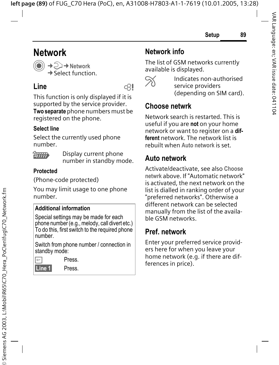 Network, Line b, Network info | Choose netwrk, Auto network, Pref. network | Siemens CT70 User Manual | Page 90 / 144