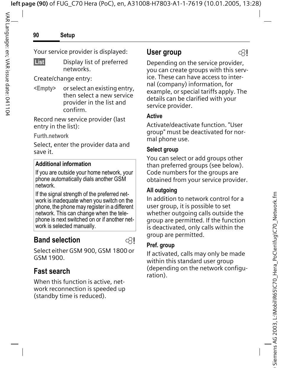 Band selection b, Fast search, User group b | Siemens CT70 User Manual | Page 91 / 144