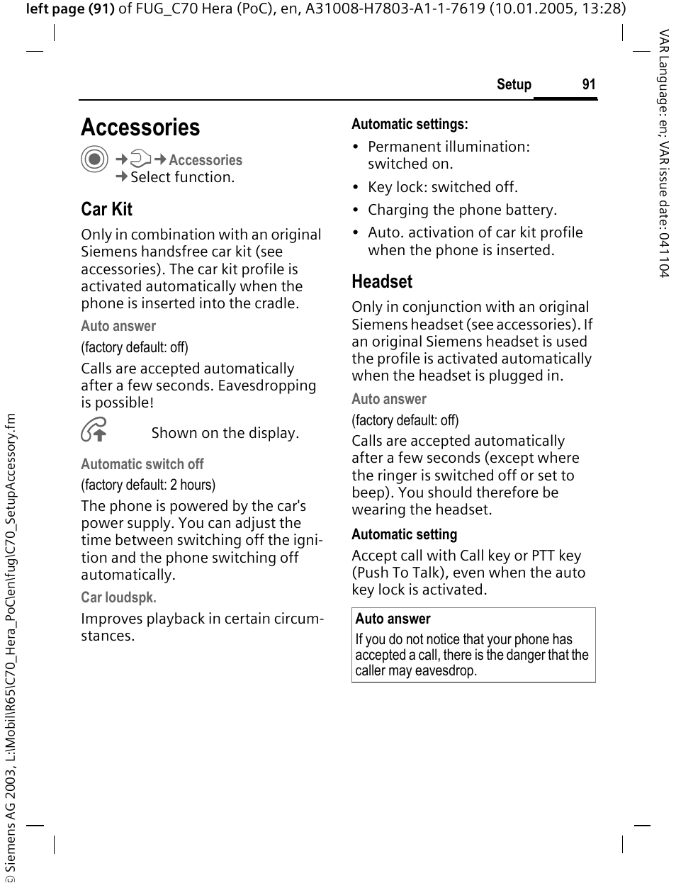 Accessories, Car kit, Headset | Siemens CT70 User Manual | Page 92 / 144