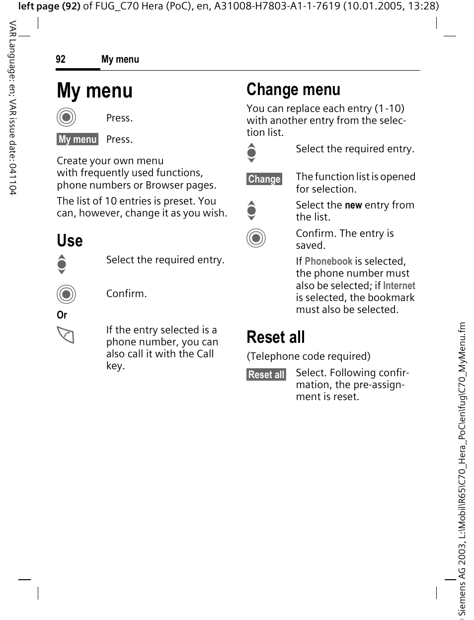 My menu, Create your own menu (p. 92) wit, My menu c | Change menu, Reset all | Siemens CT70 User Manual | Page 93 / 144