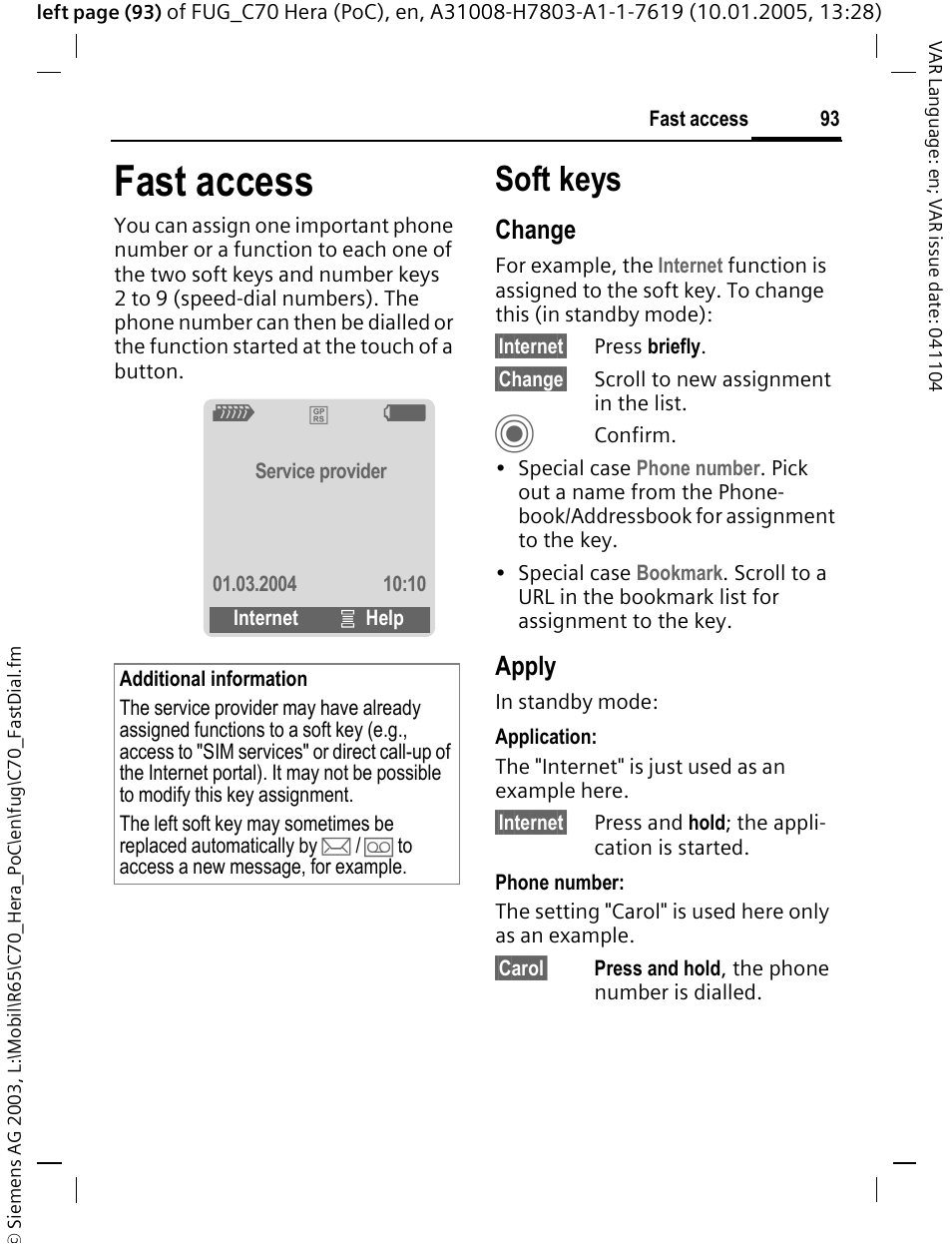 Fast access, Soft keys, Change | Apply | Siemens CT70 User Manual | Page 94 / 144
