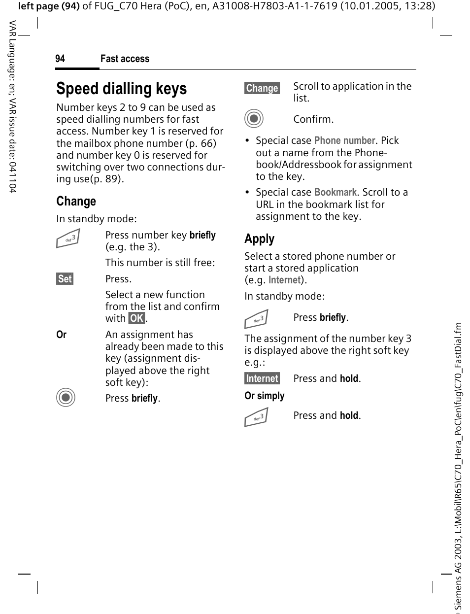 Speed dialling keys, Change, Apply | Siemens CT70 User Manual | Page 95 / 144