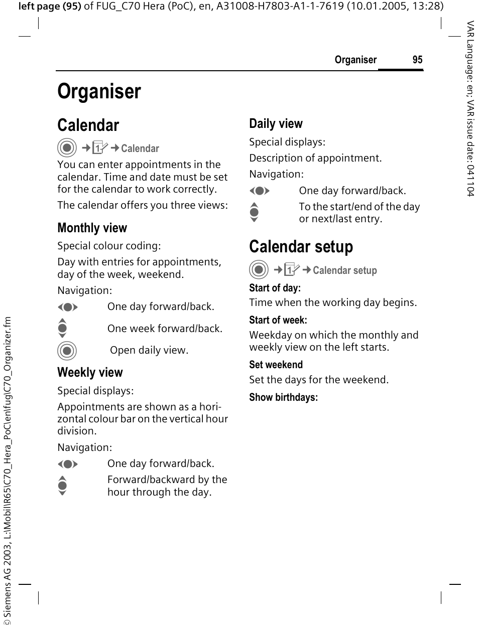 Organiser, Calendar, Calendar setup | Siemens CT70 User Manual | Page 96 / 144