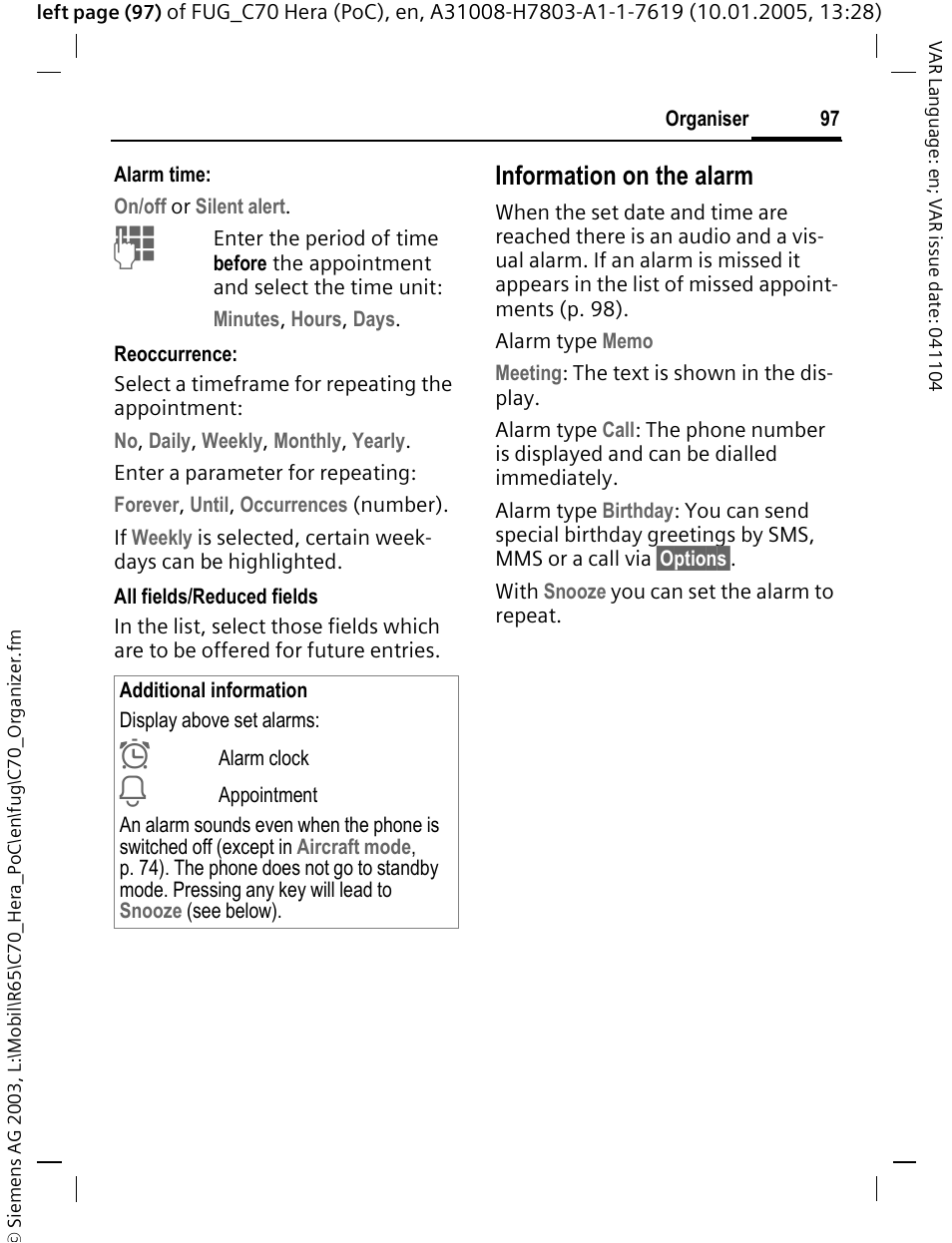 Information on the alarm | Siemens CT70 User Manual | Page 98 / 144
