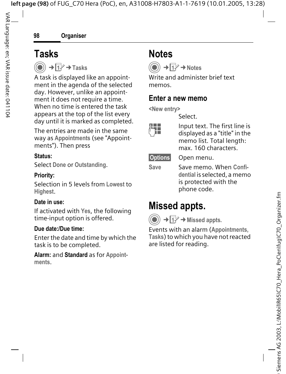 Tasks, Notes, Missed appts | Siemens CT70 User Manual | Page 99 / 144