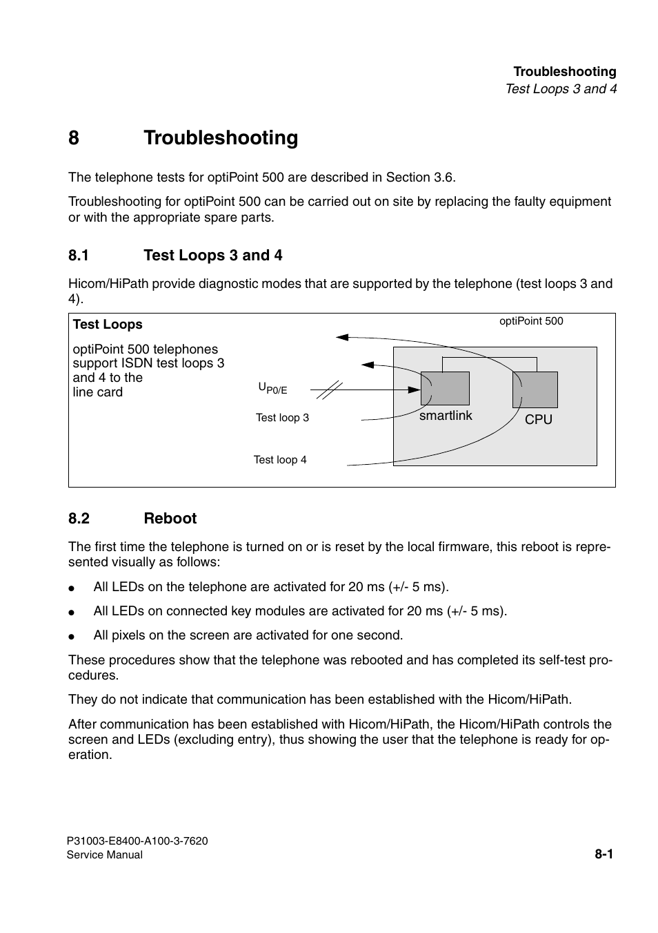 8troubleshooting, 1 test loops 3 and 4, 2 reboot | Siemens OPTIPOINT 500 User Manual | Page 105 / 120