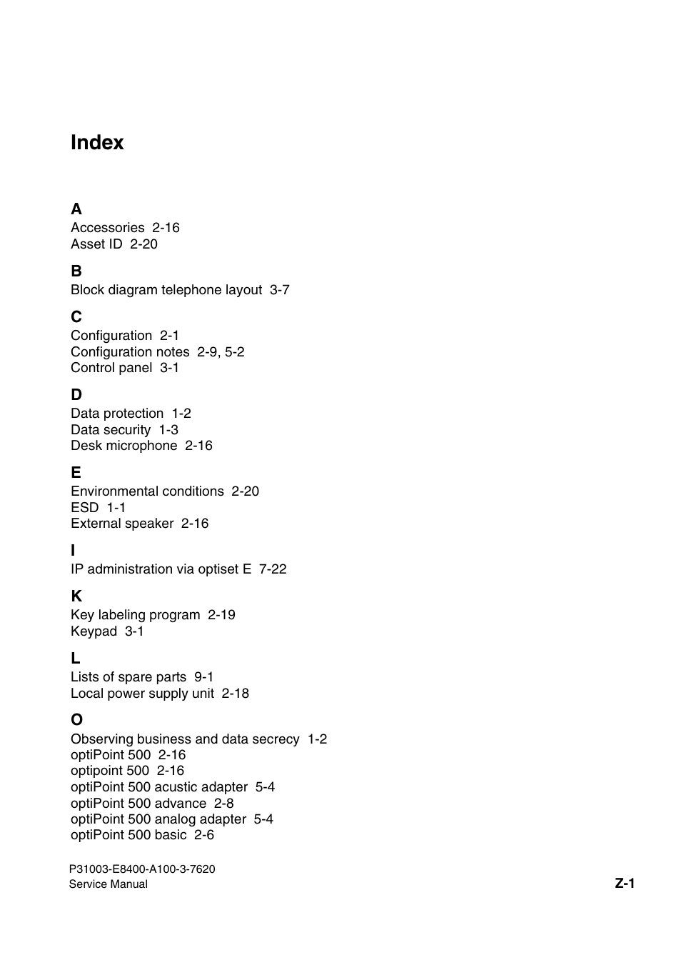 Index | Siemens OPTIPOINT 500 User Manual | Page 119 / 120