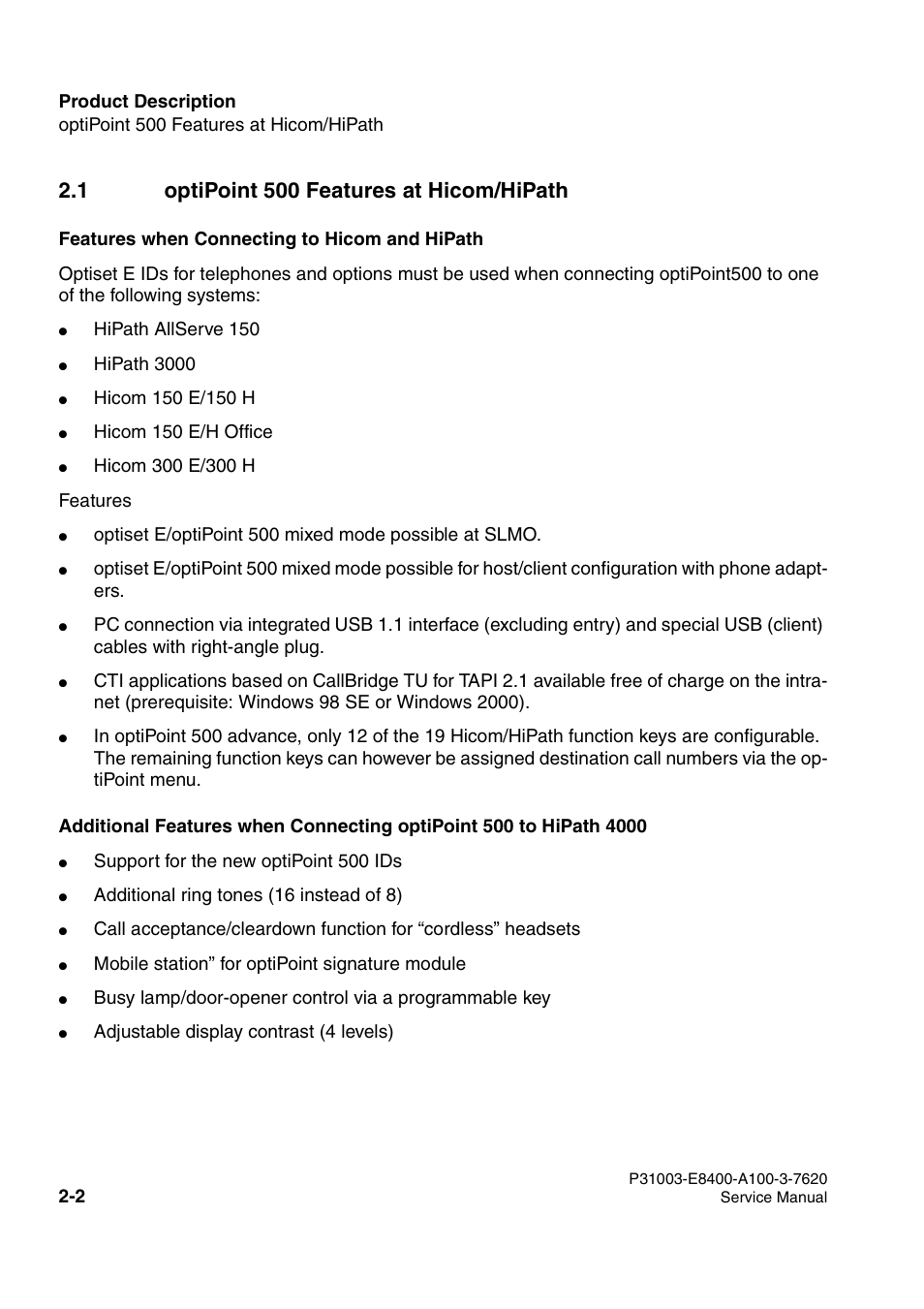 1 optipoint 500 features at hicom/hipath | Siemens OPTIPOINT 500 User Manual | Page 16 / 120