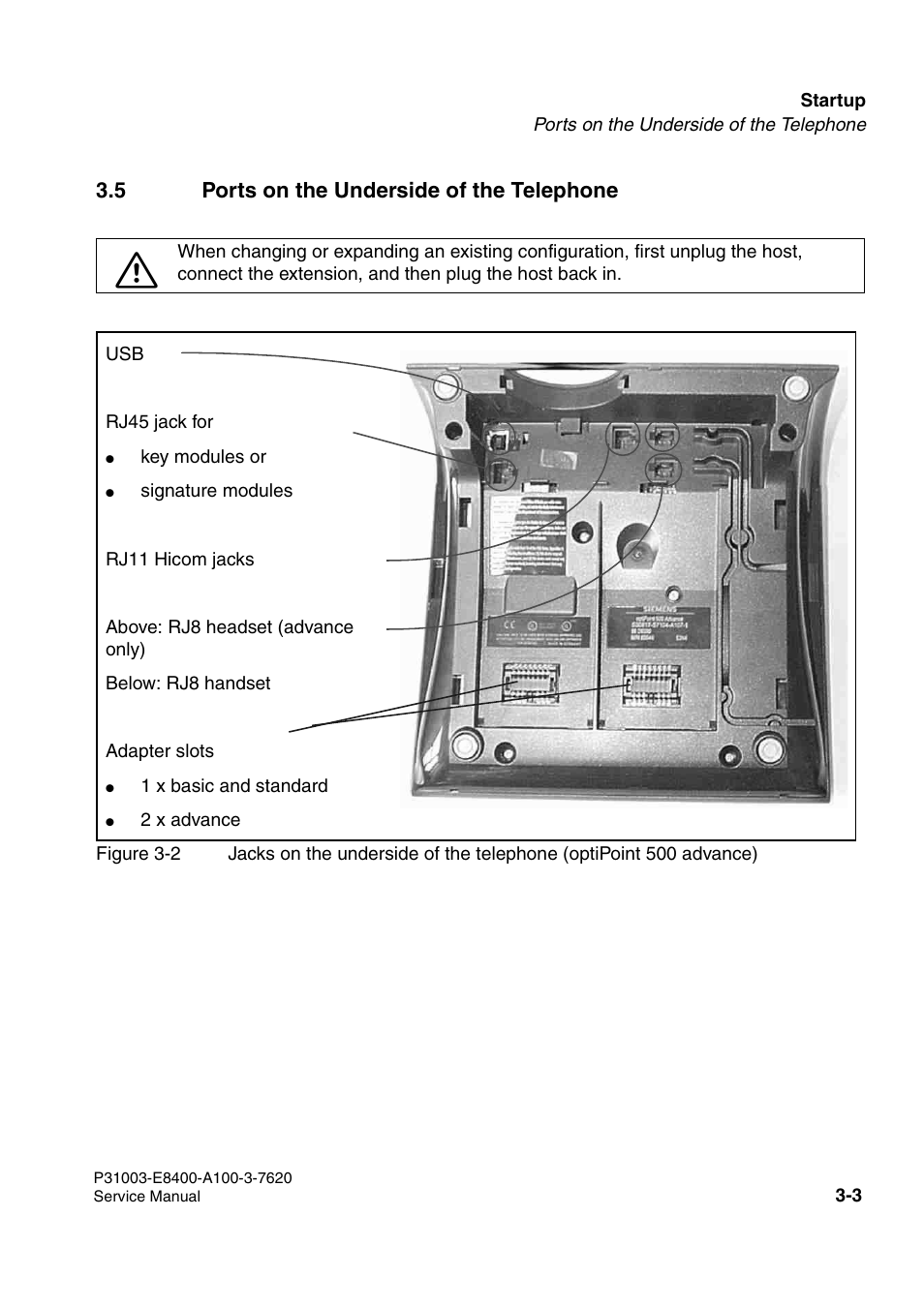 5 ports on the underside of the telephone | Siemens OPTIPOINT 500 User Manual | Page 39 / 120