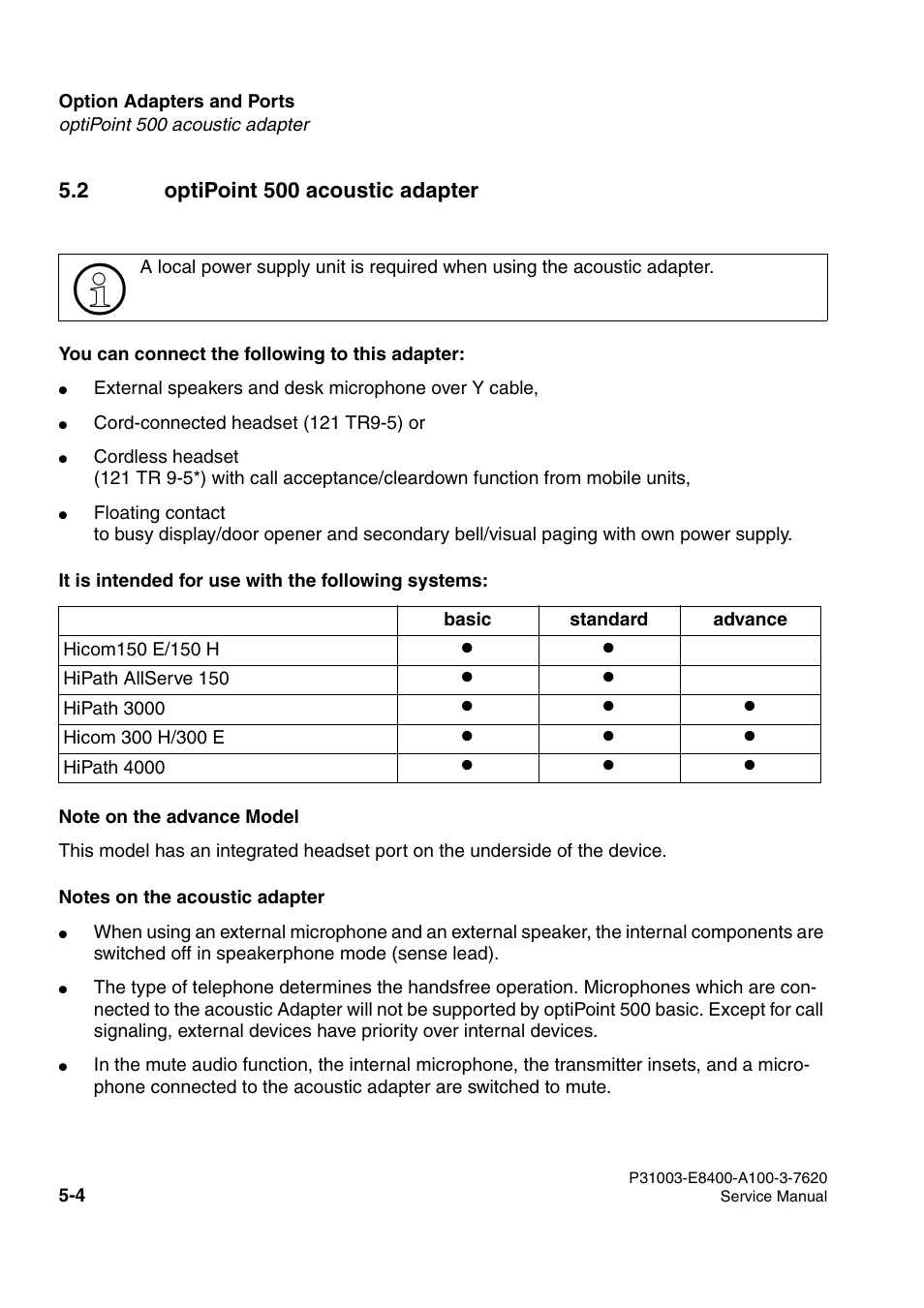 2 optipoint 500 acoustic adapter | Siemens OPTIPOINT 500 User Manual | Page 50 / 120