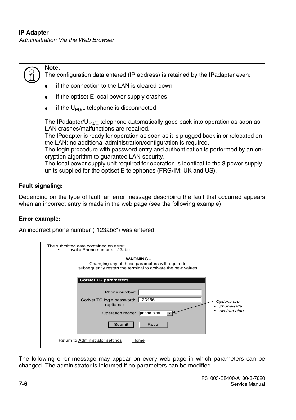 Ip adapter, If the connection to the lan is cleared down, If the optiset e local power supply crashes | If the u, Telephone is disconnected the ipadapter/u | Siemens OPTIPOINT 500 User Manual | Page 70 / 120