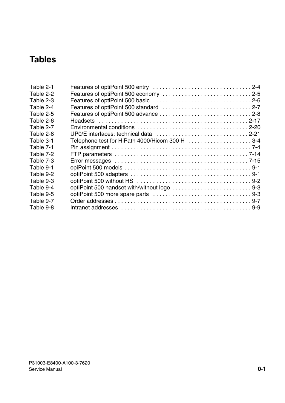 Tables | Siemens OPTIPOINT 500 User Manual | Page 9 / 120