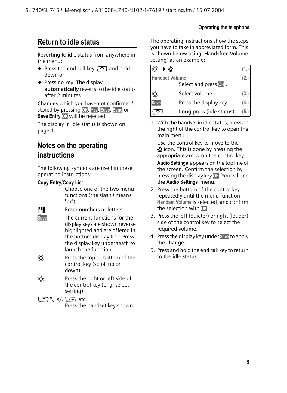 Notes on the operating instructions, Return to idle status | Siemens Gigaset SL 740 User Manual | Page 10 / 76