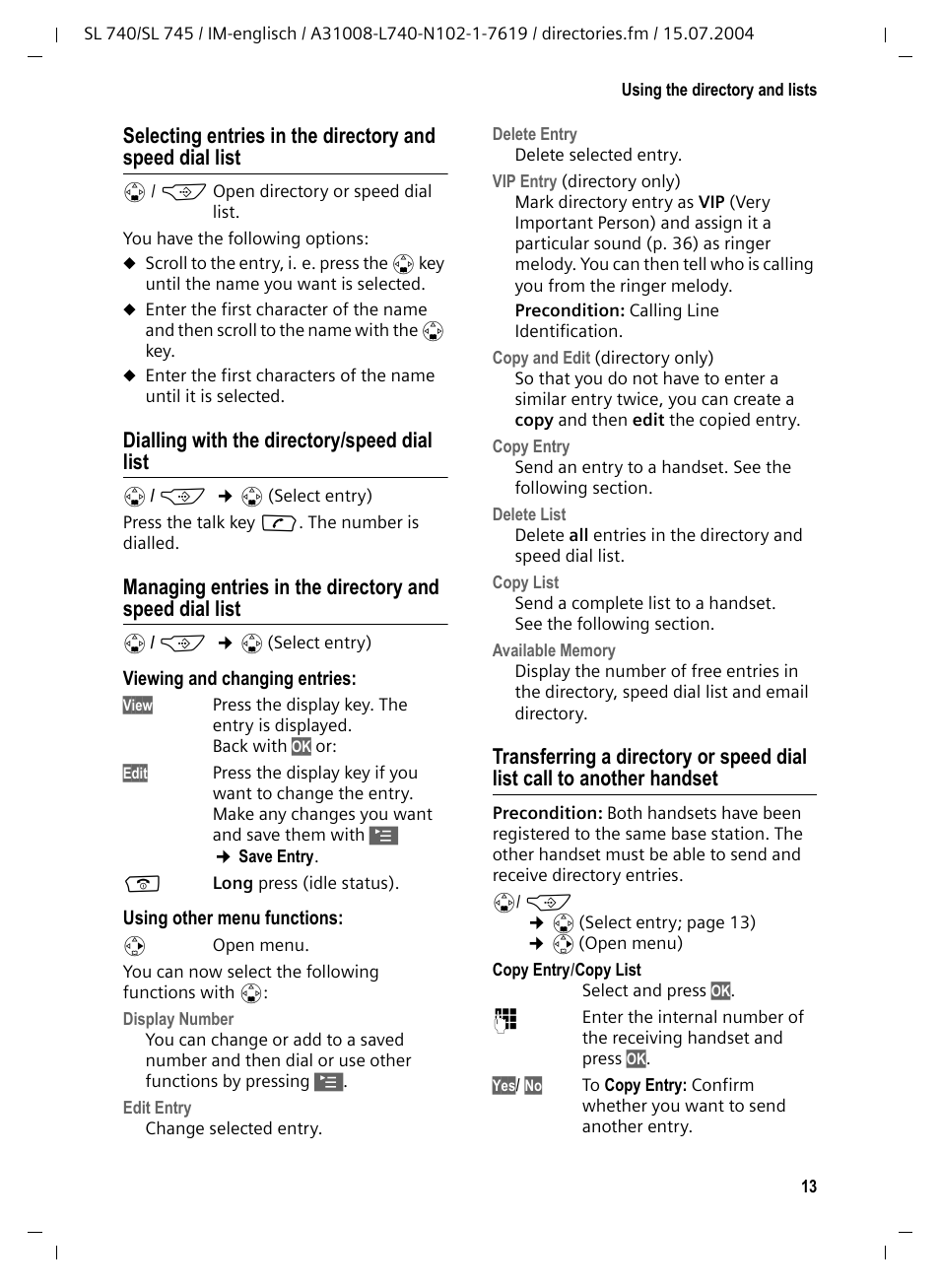 Dialling with the directory/speed dial list, Phoning (p. 13), P. 13) | Siemens Gigaset SL 740 User Manual | Page 14 / 76