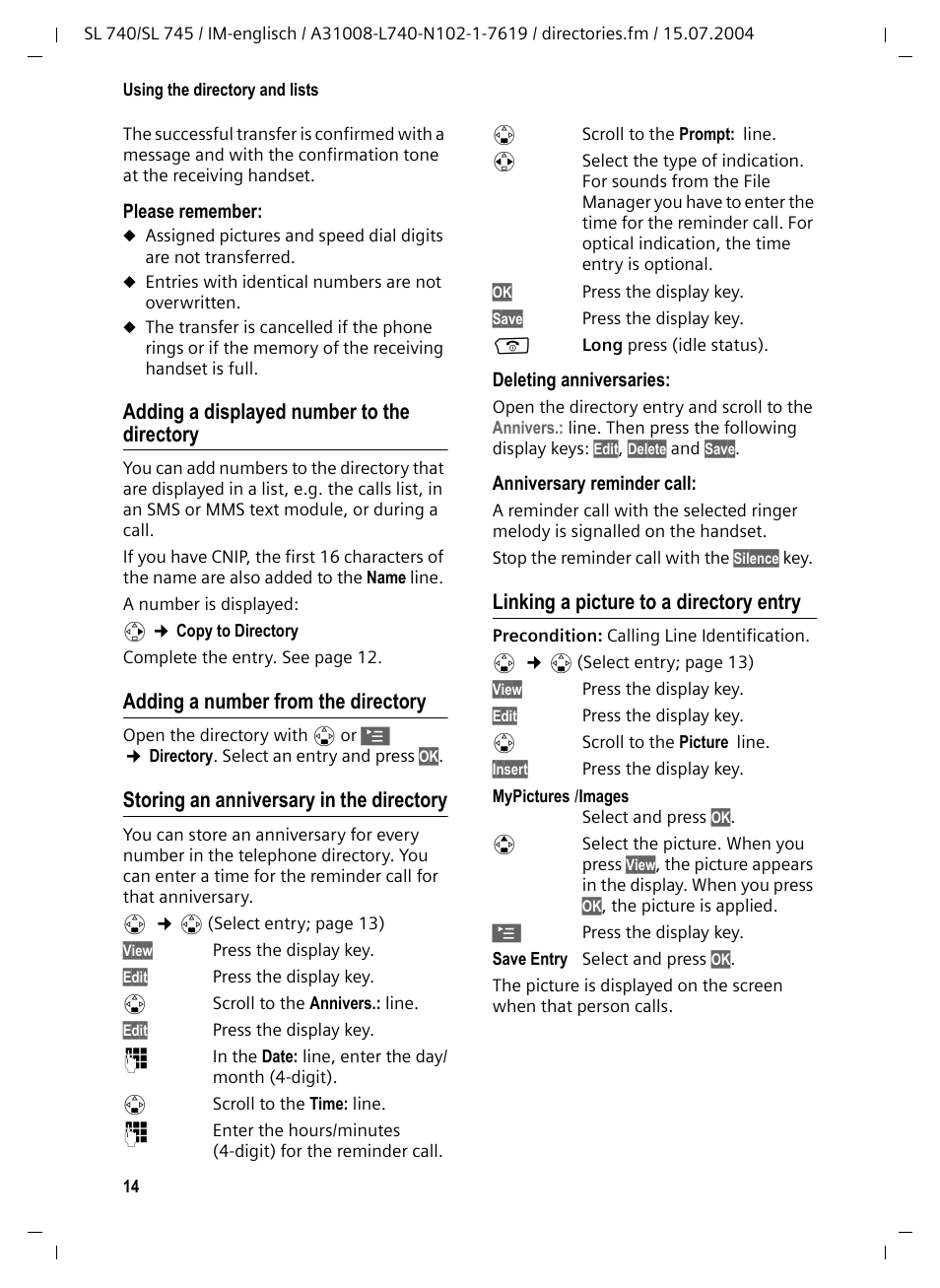 Adding a displayed number to the directory, Adding a number from the directory, Storing an anniversary in the directory | Linking a picture to a directory entry, P. 14), S (p. 14) in | Siemens Gigaset SL 740 User Manual | Page 15 / 76