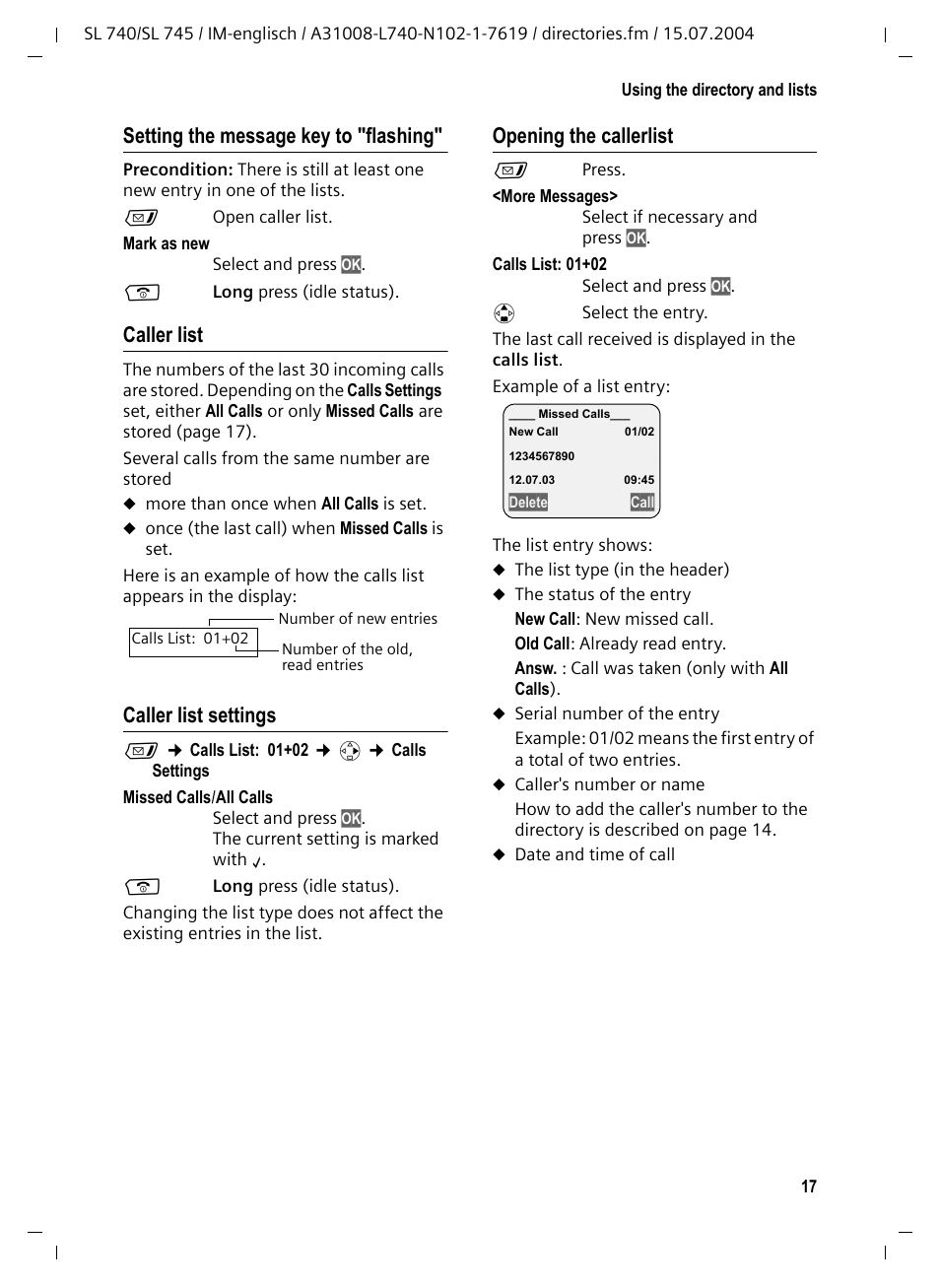 Setting the message key to "flashing, Caller list, Caller list settings | Opening the callerlist | Siemens Gigaset SL 740 User Manual | Page 18 / 76