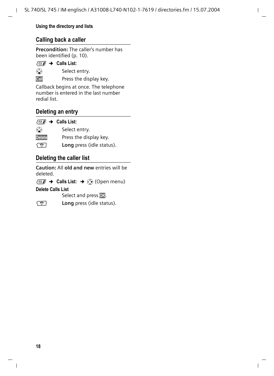 Calling back a caller, Deleting an entry, Deleting the caller list | Siemens Gigaset SL 740 User Manual | Page 19 / 76