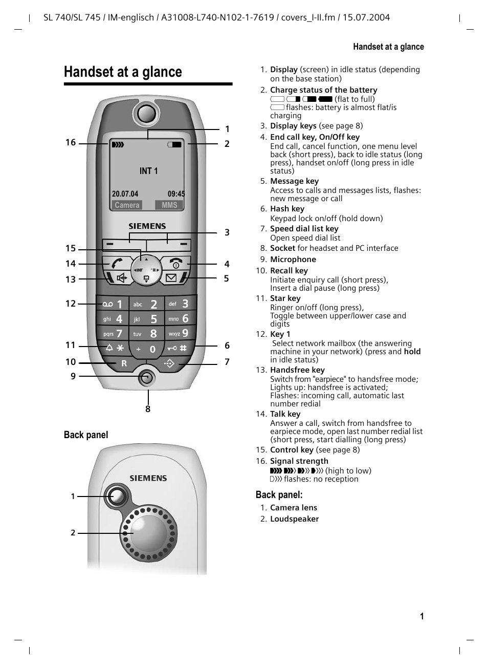 Handset at a glance | Siemens Gigaset SL 740 User Manual | Page 2 / 76