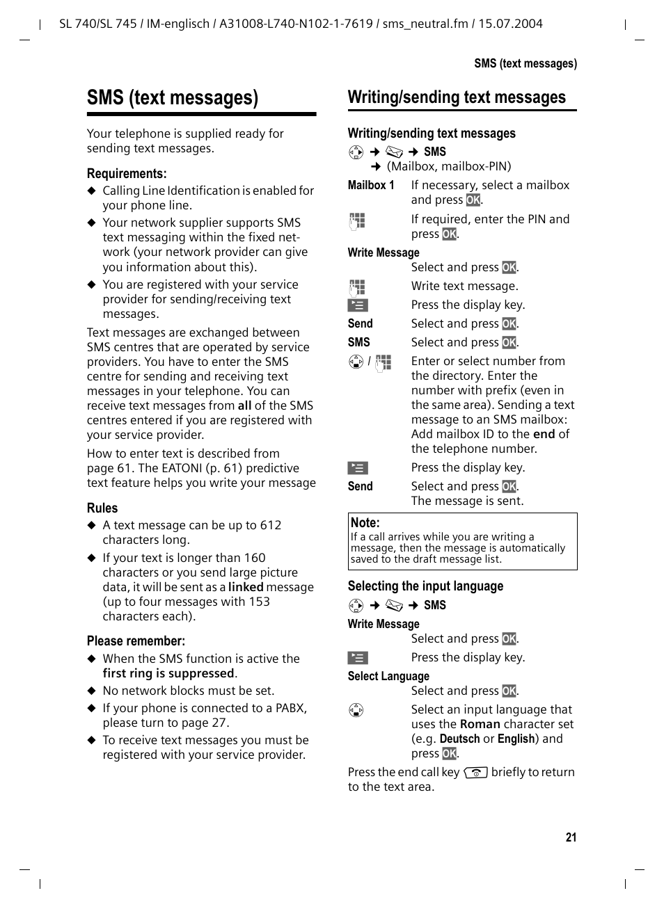 Sms (text messages), Writing/sending text messages | Siemens Gigaset SL 740 User Manual | Page 22 / 76