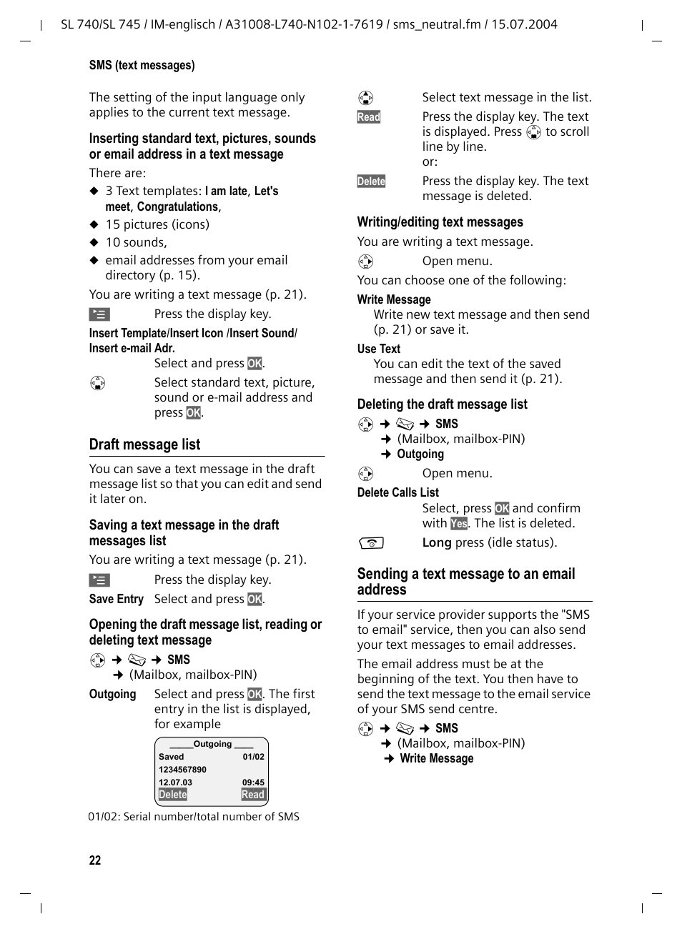 Draft message list, Sending a text message to an email address | Siemens Gigaset SL 740 User Manual | Page 23 / 76